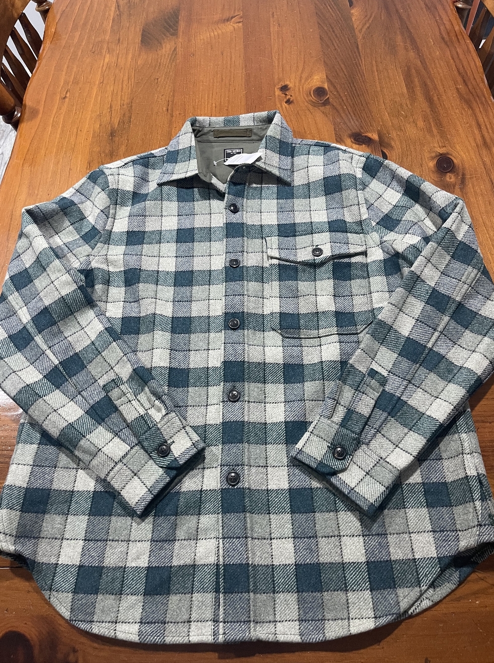 NWT TODD SNYDER Mens Grey Blue Plaid Wool Overshirt Button Up Long Sleeve Size M